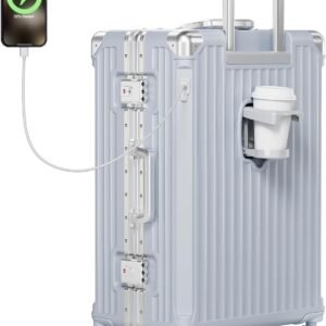 24 Inch Zipperless Checked Luggage with Charging Port and Cup Holder
