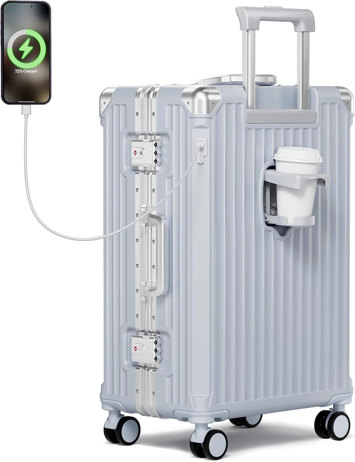 24 Inch Zipperless Checked Luggage with Charging Port and Cup Holder
