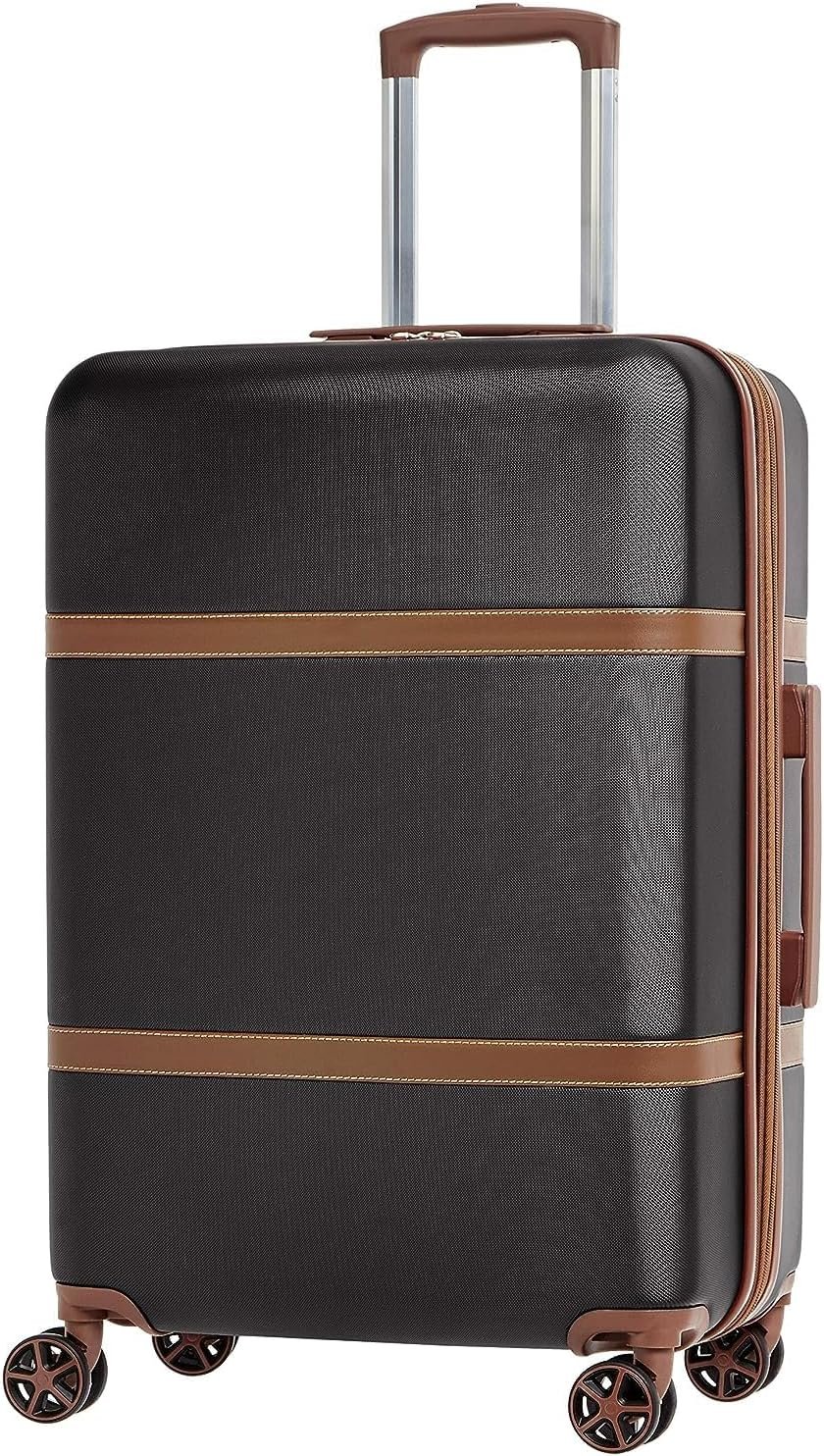 24 Inch Hard Shell Checked Luggage with Leather Detailing, Expandable Design, Double Spinner Wheels and Scratch Resistant Surface